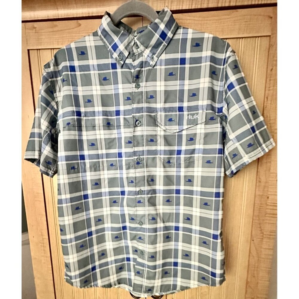 Huk Tide Point Fish Print Plaid Short Sleeve Button Up Shirt SZ‎ Small Gray Blue